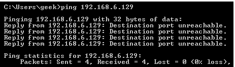 Pinging with 32 byte'& OF data: 
Reply Tren 192 .168.6.129: Destination port unreachahle. 
Reply Fycni i 92 DeatinatiGß port unreachable. 
Reply Fren 192 .168.6.129: Destination port unreachahle. 
Reply Fycni i 92 DeatinatiGß port unreachable. 
Ping atatistic•• F or 
Packets: gent 
— 4. Received = 
4. Lost 
- loss), 