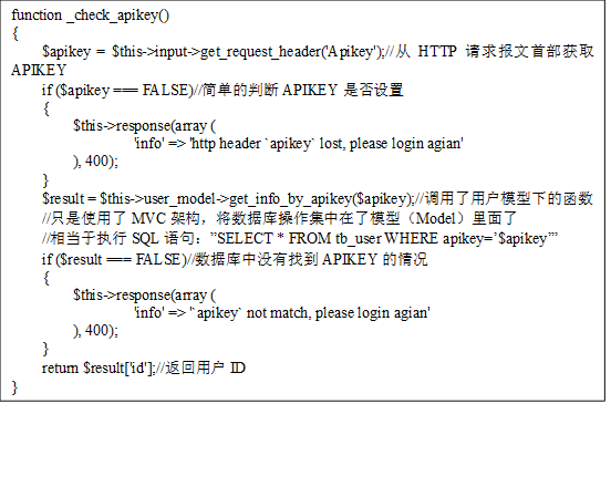 function _check_apikey() {     $apikey = $this->input->get_request_header('Apikey');//从HTTP请求报文首部获取APIKEY     if ($apikey === FALSE)//简单的判断APIKEY是否设置     {         $this->response(array (                 'info' => 'http header `apikey` lost, please login agian'         ), 400);     } $result = $this->user_model->get_info_by_apikey($apikey);//调用了用户模型下的函数 //只是使用了MVC架构，将数据库操作集中在了模型（Model）里面了 //相当于执行SQL语句：”SELECT * FROM tb_user WHERE apikey=’$apikey’”     if ($result === FALSE)//数据库中没有找到APIKEY的情况     {         $this->response(array (                 'info' => '`apikey` not match, please login agian'         ), 400);     }     return $result['id'];//返回用户ID } 