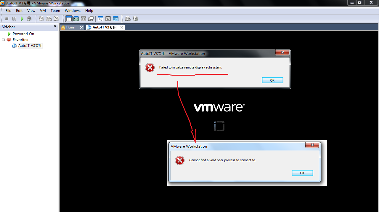 vmware-arbetsområde misslyckades med att initiera fjärrdatorskärmsundersystem