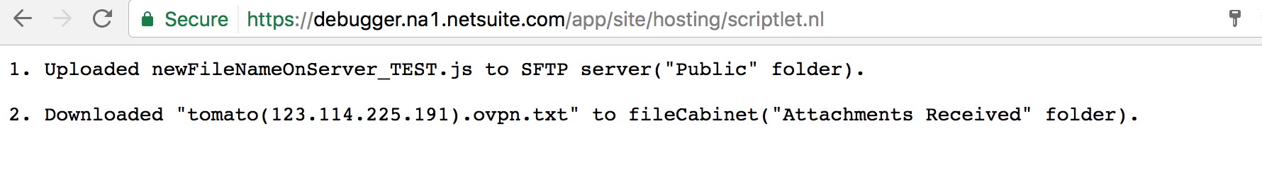 Upload/Sent specific NS File Cabinet file to SFTP server. Response