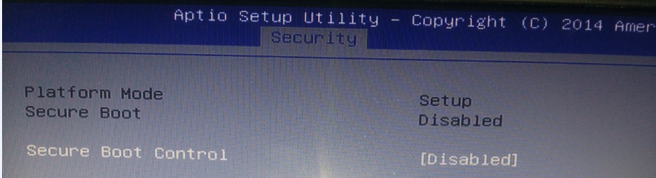 Security menu. American MEGATRENDS Boot menu. Secure Boot not Active. Please enable secure Boot needs to continue.