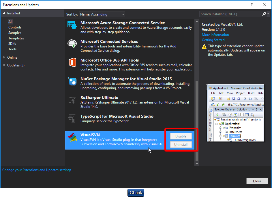 disconnect visualsvn from repository vs2015