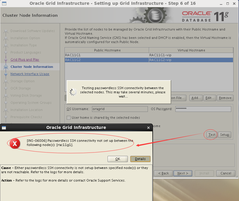 Oracle 11g RAC INS-06006 Passwordless SSH connectivity not set up between the following node(s)