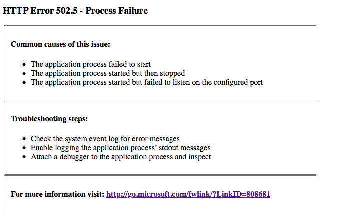 HTTP Error 502.5 - Process Failure asp.net co